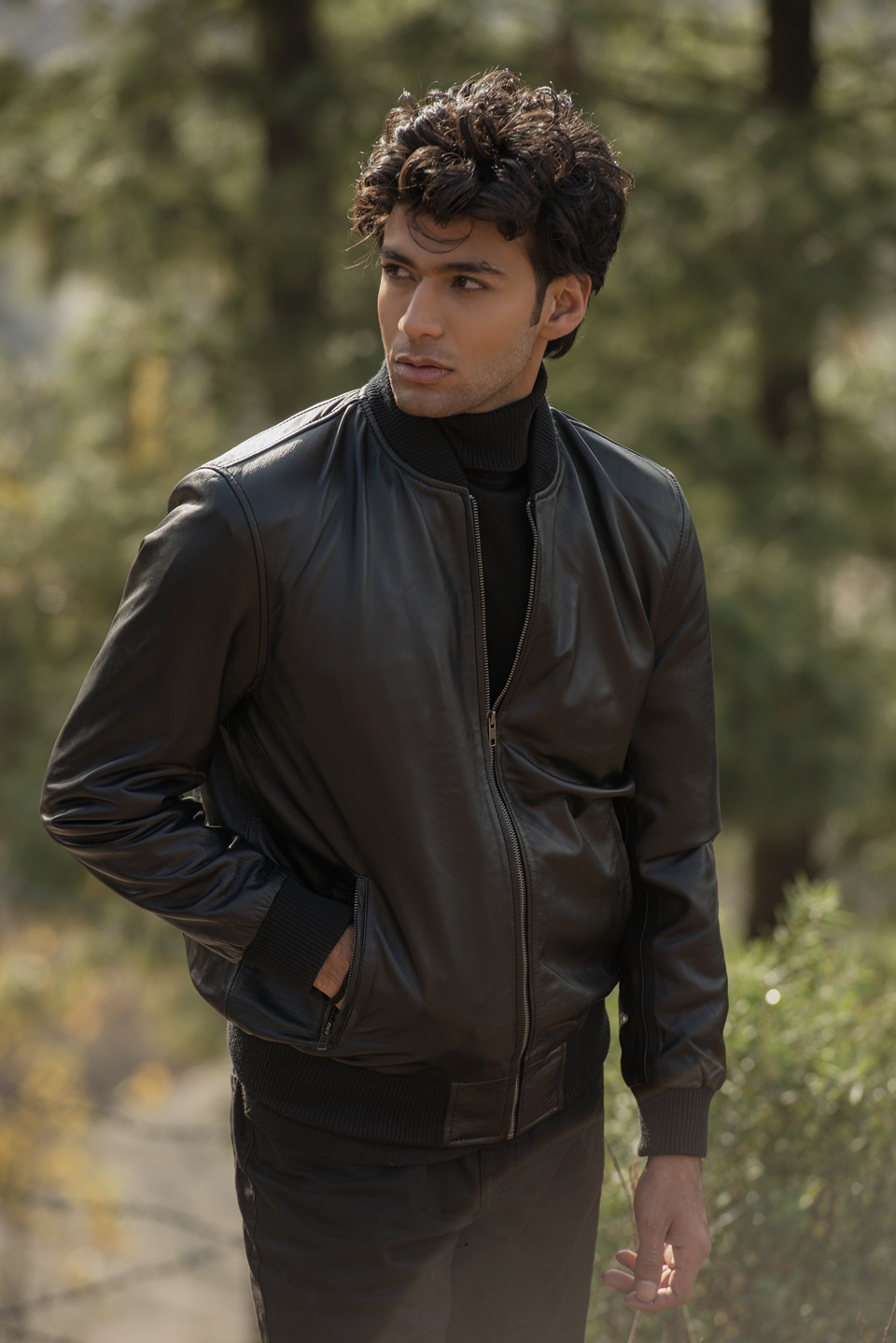 Custom Chris Black Leather Bomber Jacket